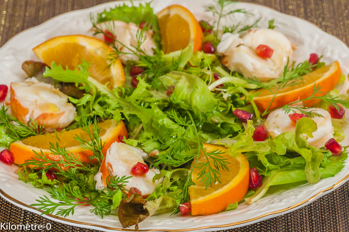 Photo de recette de salade de langouste facile, rapide, légère, agrumes, orange, grenade, aneth, crustacés deKilomètre-0, blog de cuisine réalisée à partir de produits locaux et issus de circuits courts