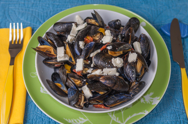 image de recette de moules au chorizo, facile, rapide, maison, léger, fêta, de Kilomètre-0