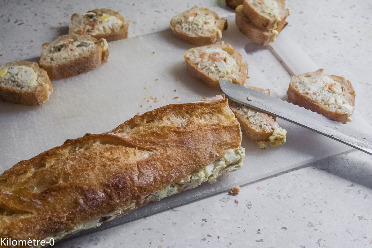 Photo de recette de baguette farcie facile Kilomètre-0, blog de cuisine réalisée à partir de produits de saison et issus de circuits courts