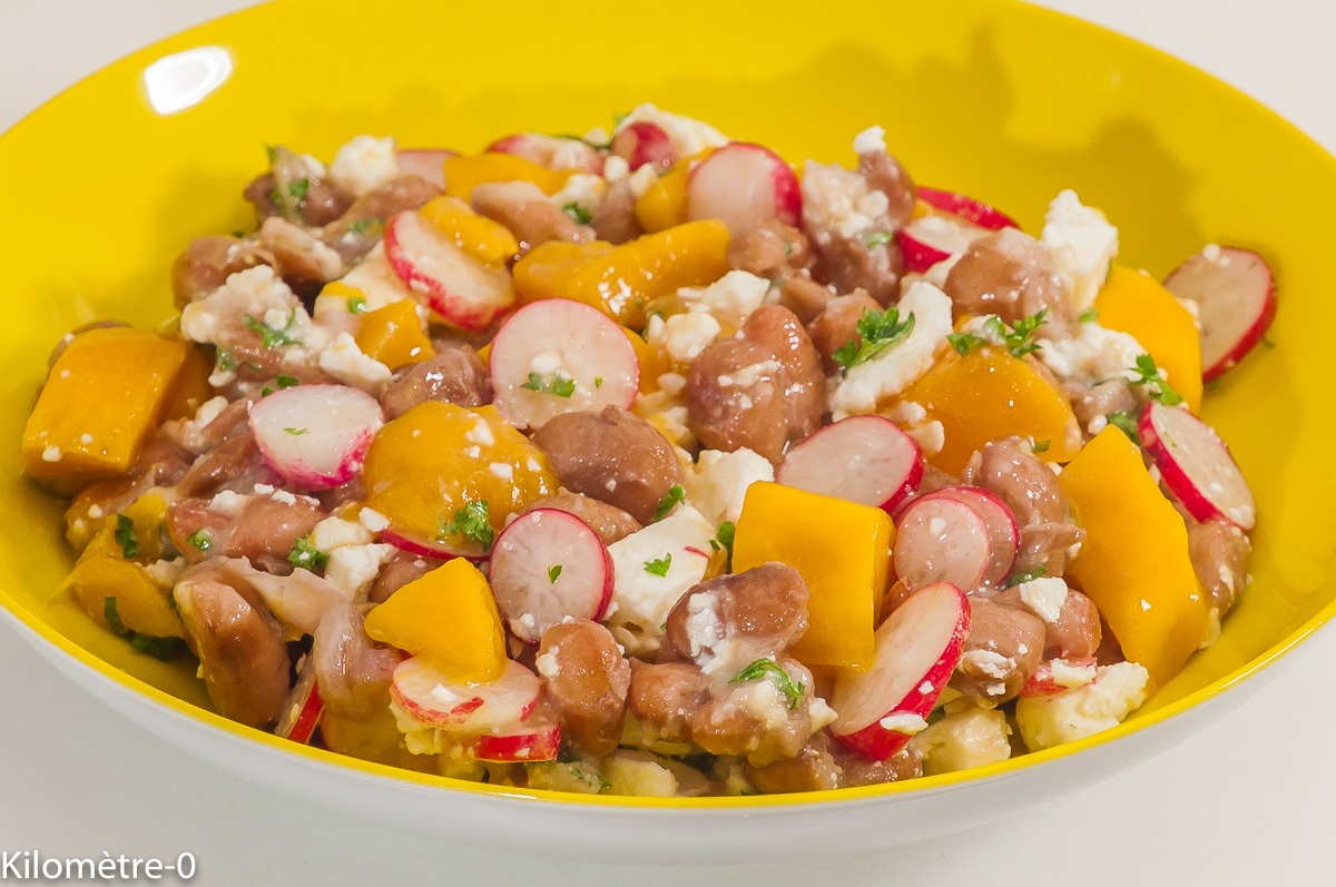 Photo de recette de salade composée végétarienne, légumineuses, mangue, salé sucré, facile, fromage, fêta de Kilomètre-0, blog de cuisine réalisée à partir de produits de saison et issus de circuits courts