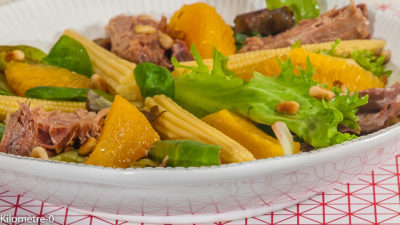 Photo de recette de salade de confit de canard, maïs, orange, facile, rapide, pignons de Kilomètre-0, blog de cuisine réalisée à partir de produits de saison et issus de circuits courts