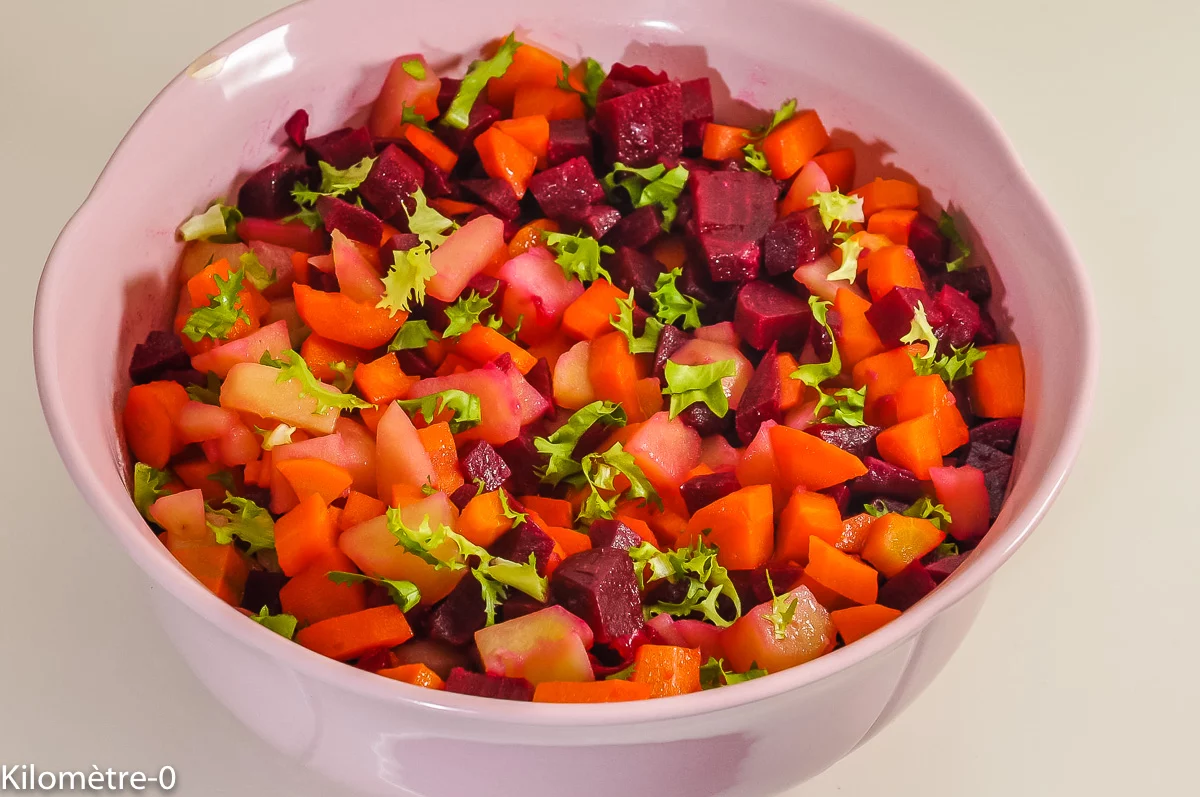 Photo de recette de salade automne, hiver, betterave, pommes de terre, carottes, végétarienne, Healthy, légumes de Kilomètre-0, blog de cuisine réalisée à partir de produits de saison et issus de circuits courts