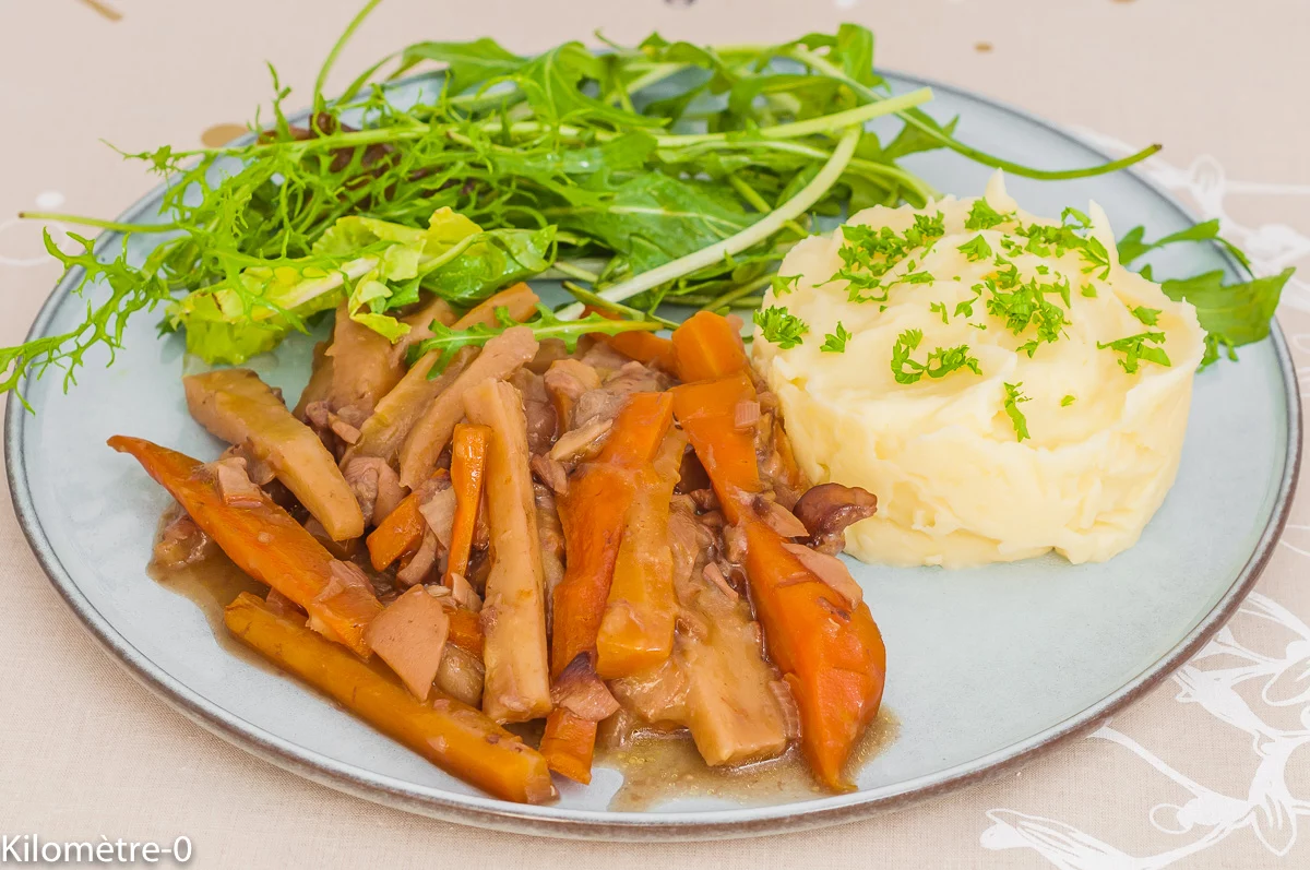 Photo de recette de bourguignon, végétarien, cuisine végétarienne, carottes, panais, purée, légumes, automne, hiver, mijoté, heathy, facile, Kilomètre-0, blog de cuisine réalisée à partir de produits de saison et issus de circuits courts