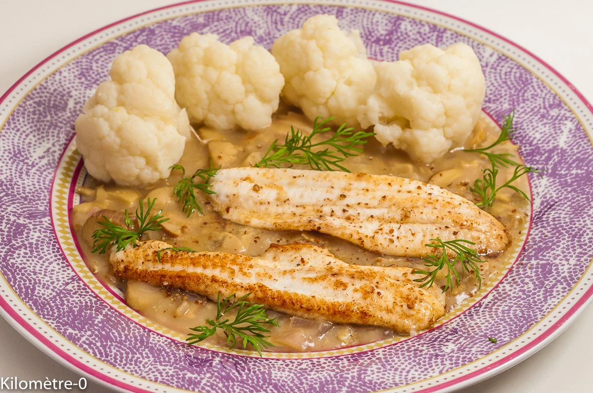 Photo de recette de sole, poisson, sauce au cidre, chou, chou fleur, léger, facile, Kilomètre-0, blog de cuisine réalisée à partir de produits de saison et issus de circuits courts