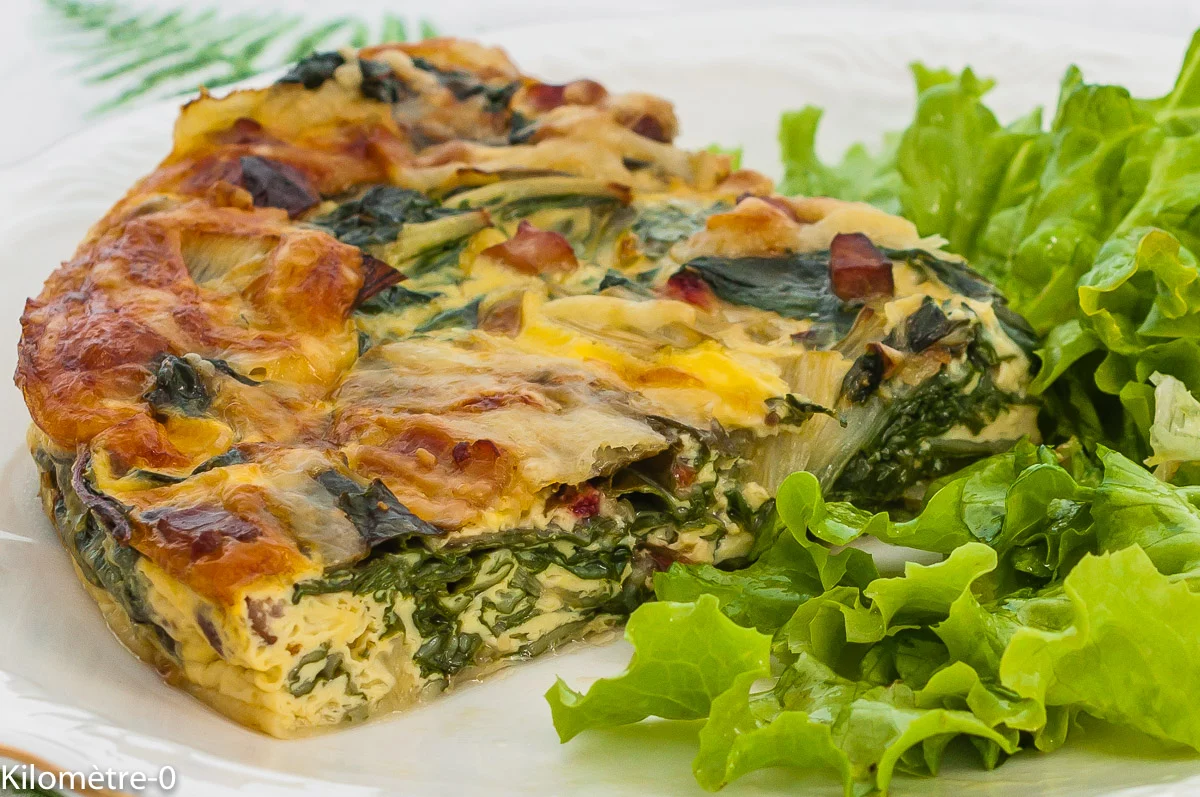 Photo de recette de clafoutis aux blettes, légumes, lardons, printemps, automne, healthy, bio, clafoutis salé, Kilomètre-0, blog de cuisine réalisée à partir de produits de saison et issus de circuits courts