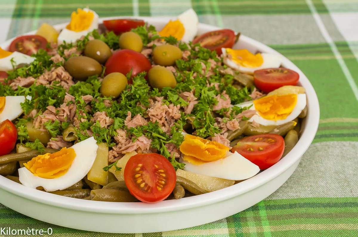 Photo de recette de salade composée, thon, légumes, oeufs, été, automne, pommes de terre, haricots verts, facile, olives, tomates, facile, de Kilomètre-0, blog de cuisine réalisée à partir de produits de saison et issus de circuits courts