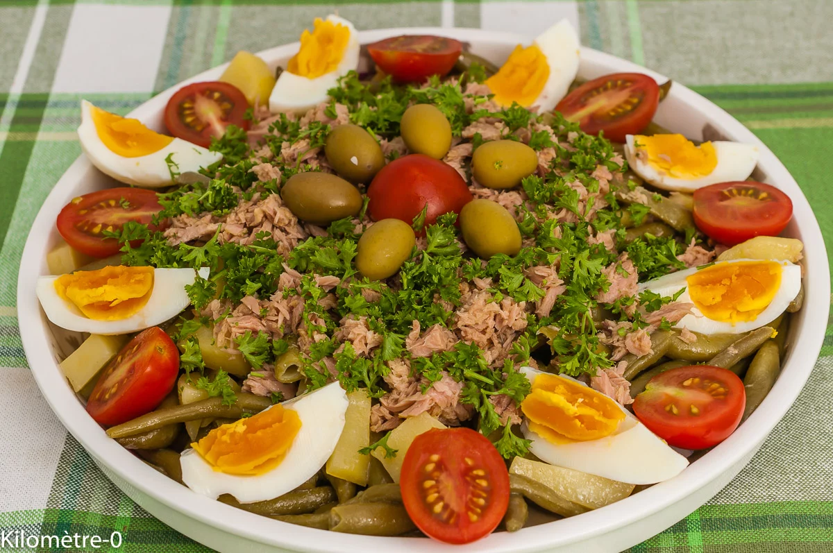 Photo de recette de salade composée, thon, légumes, oeufs, été, automne, pommes de terre, haricots verts, facile, olives, tomates, facile, de Kilomètre-0, blog de cuisine réalisée à partir de produits de saison et issus de circuits courts