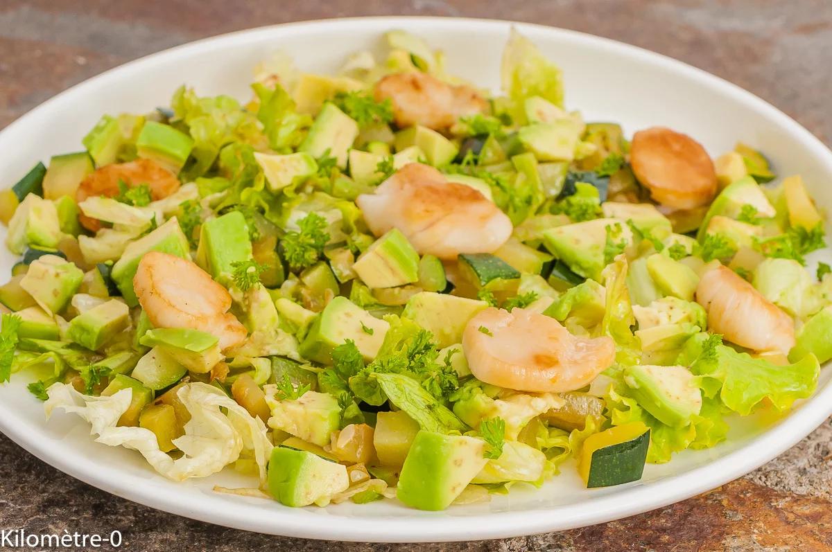 Photo de recette de salade, salade composée, avocat, courgette, légumes, été, saint jacques, facile de Kilomètre-0, blog de cuisine réalisée à partir de produits de saison et issus de circuits courts