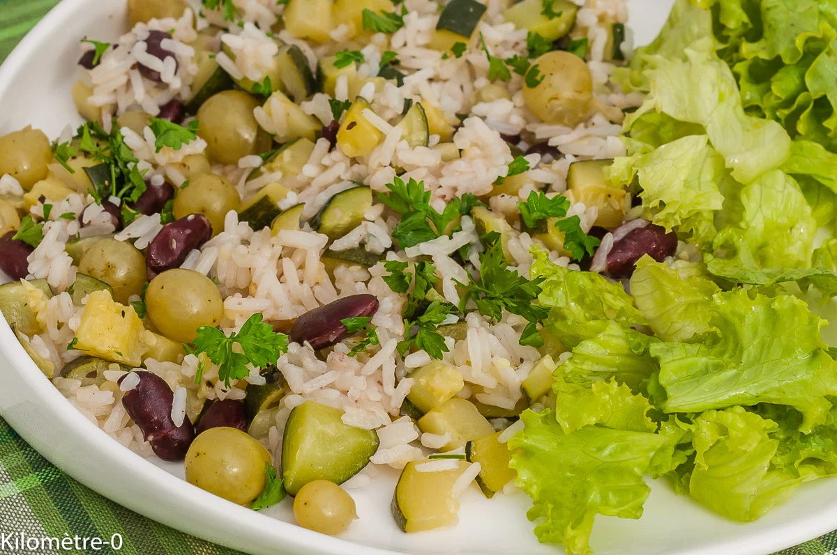 Photo de recette de riz, haricots rouges, raisins, plat salé sucré, courgettes, italien, végétarien, healthy, facile, pas cher, Kilomètre-0, blog de cuisine réalisée à partir de produits de saison et issus de circuits courts