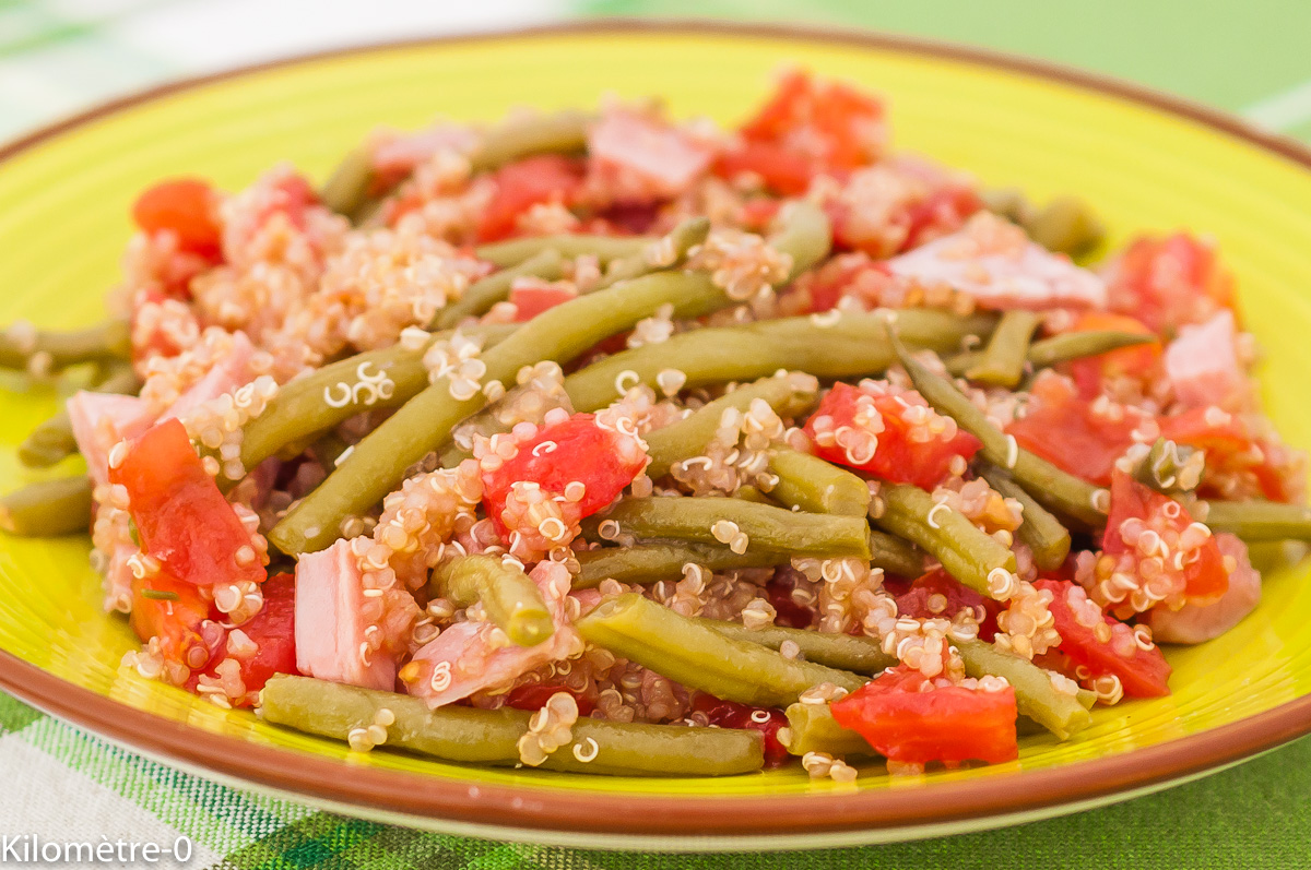 Photo de recette de salade composée, quinoa, jambon, haricots verts, tomates, légumes, healthy, légère,  Kilomètre-0, blog de cuisine réalisée à partir de produits de saison et issus de circuits courts