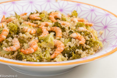 Photo de recette de quinoa, crevettes, brocolis, facile, healthy, Kilomètre-0, blog de cuisine réalisée à partir de produits de saison et issus de circuits courts