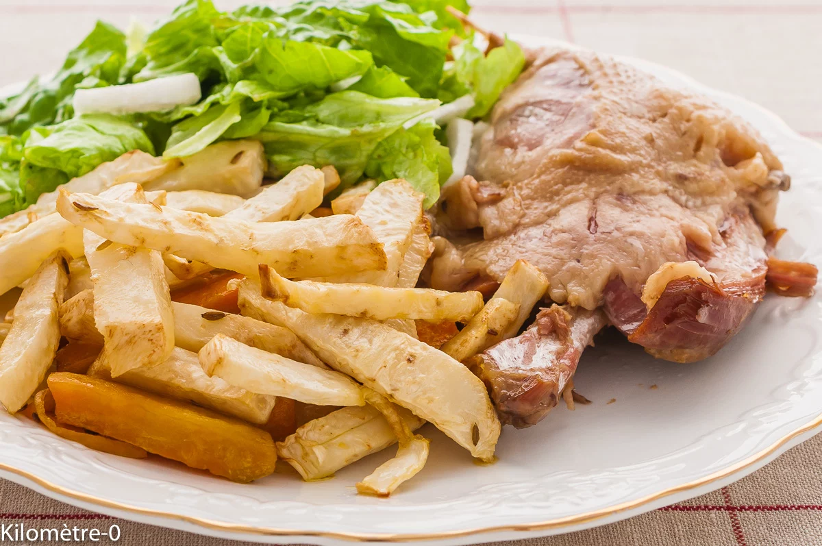 Photo de recette de confit d'oie, oie, confit, frites, céleri, patates douces, four, facile, rapide, Kilomètre-0, blog de cuisine réalisée à partir de produits de saison et issus de circuits courts