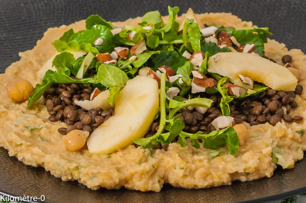 Photo de recette de pois chiches, lentilles, salade, cresson, pommes, végétarien, facile, économique, féculents, bio, healthy, hiver, automne, Kilomètre-0, blog de cuisine réalisée à partir de produits de saison et issus de circuits courts