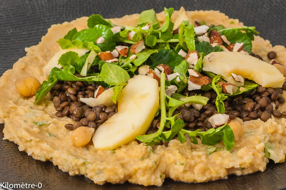 Photo de recette de pois chiches, lentilles, salade, cresson, pommes, végétarien, facile, économique, féculents, bio, healthy, hiver, automne, Kilomètre-0, blog de cuisine réalisée à partir de produits de saison et issus de circuits courts