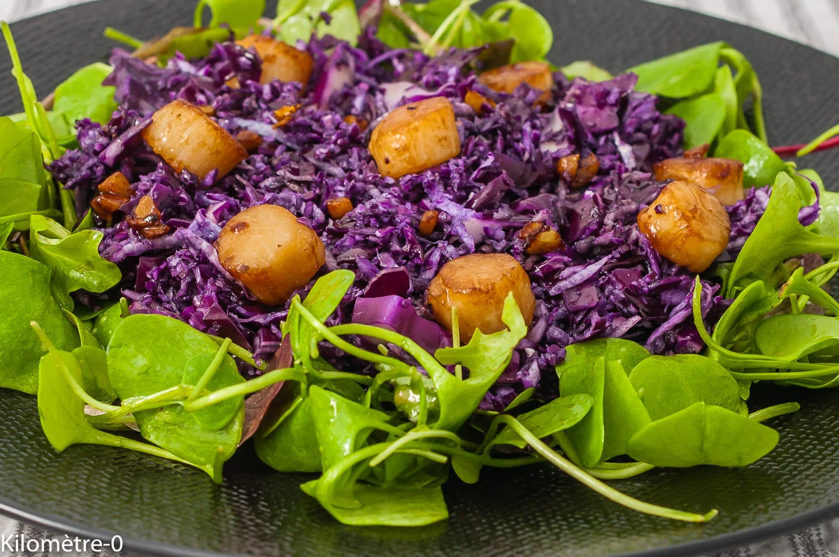 Photo de recette de chou rouge, noix de pétoncles, saint jacques, healthy, tamari, sauce soja, légère, rapide, facile, Kilomètre-0, blog de cuisine réalisée à partir de produits de saison et issus de circuits courts