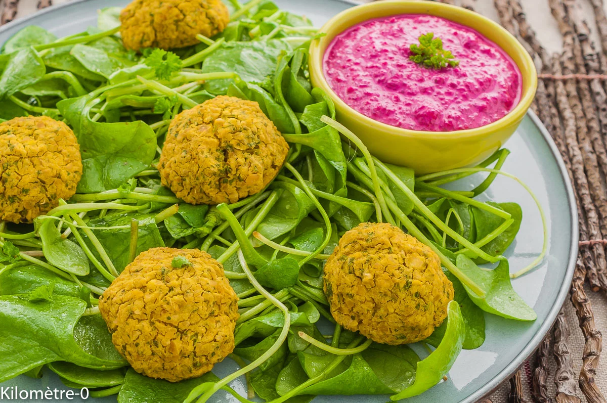 Photo de recette de falafels, cuisine du monde, facile, healthy, végétarienne, pois chiches, betterave, sauce betterave, yaourt, persil, bio de Kilomètre-0, blog de cuisine réalisée à partir de produits de saison et issus de circuits courts
