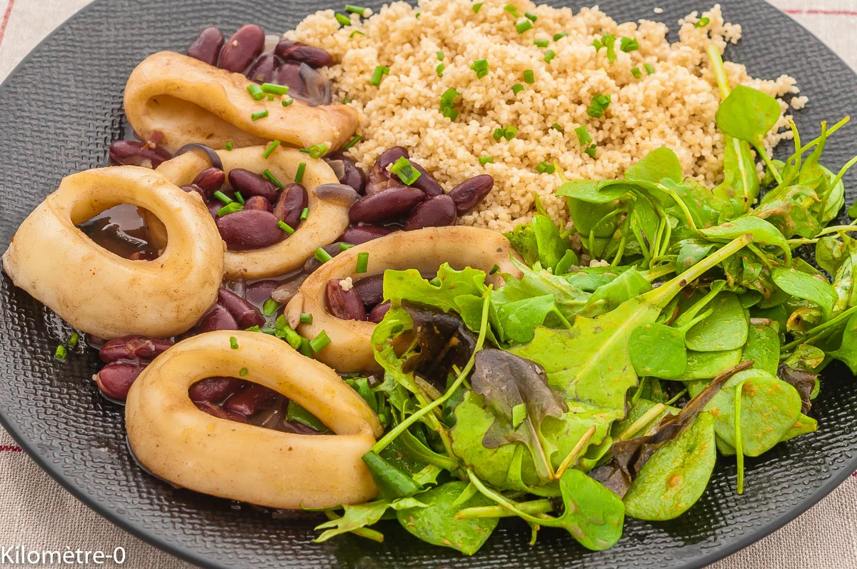 Photo de recette d'anneaux de calamar, calamar, haricots rouges, semoule, facile, asiatique, tamari, Kilomètre-0, blog de cuisine réalisée à partir de produits de saison et issus de circuits courts