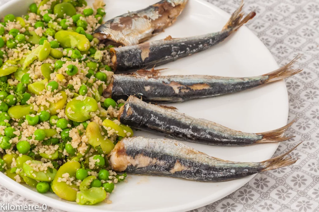 Sardines, semoule aux fèves, petits pois et fines herbes - Étape 12