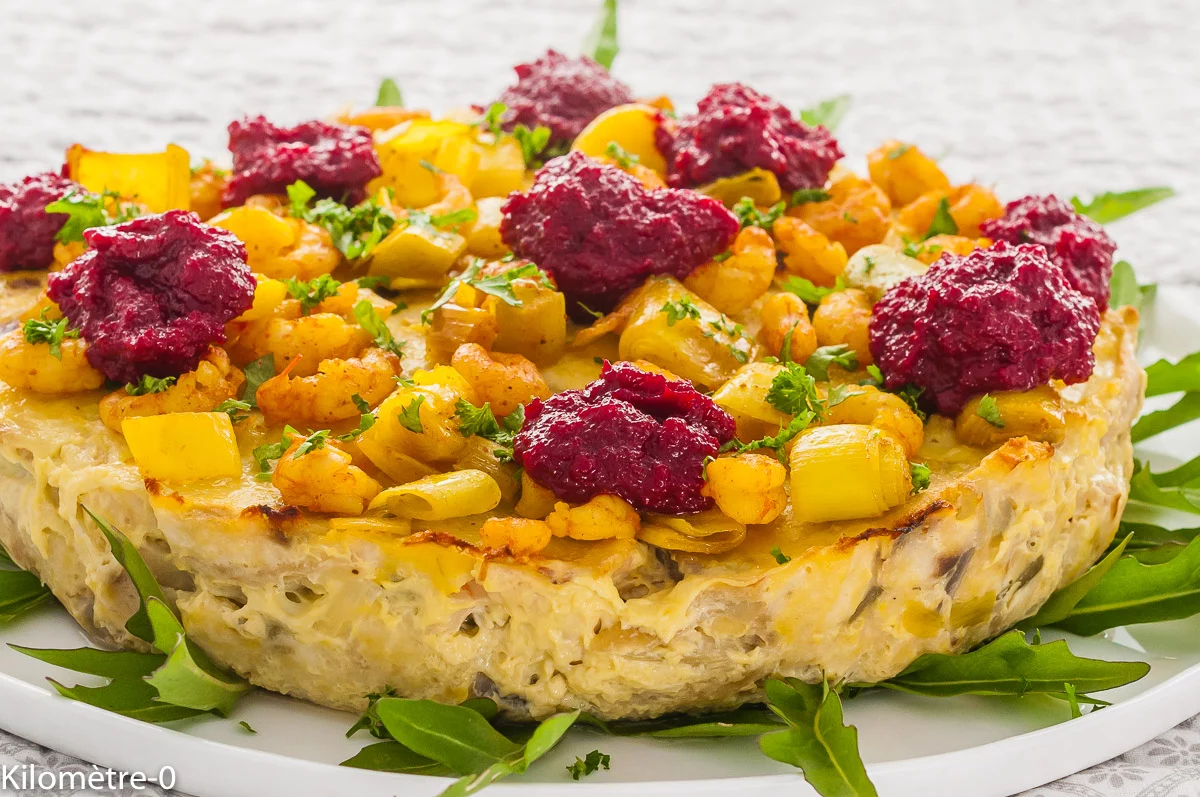 Photo de recette, gâteau salé, crevettes, poireaux, betterave, merlu, poisson, sauce à la betterave, Noël, argentine, Argentine, Kilomètre-0, blog de cuisine réalisée à partir de produits de saison et issus de circuits courts