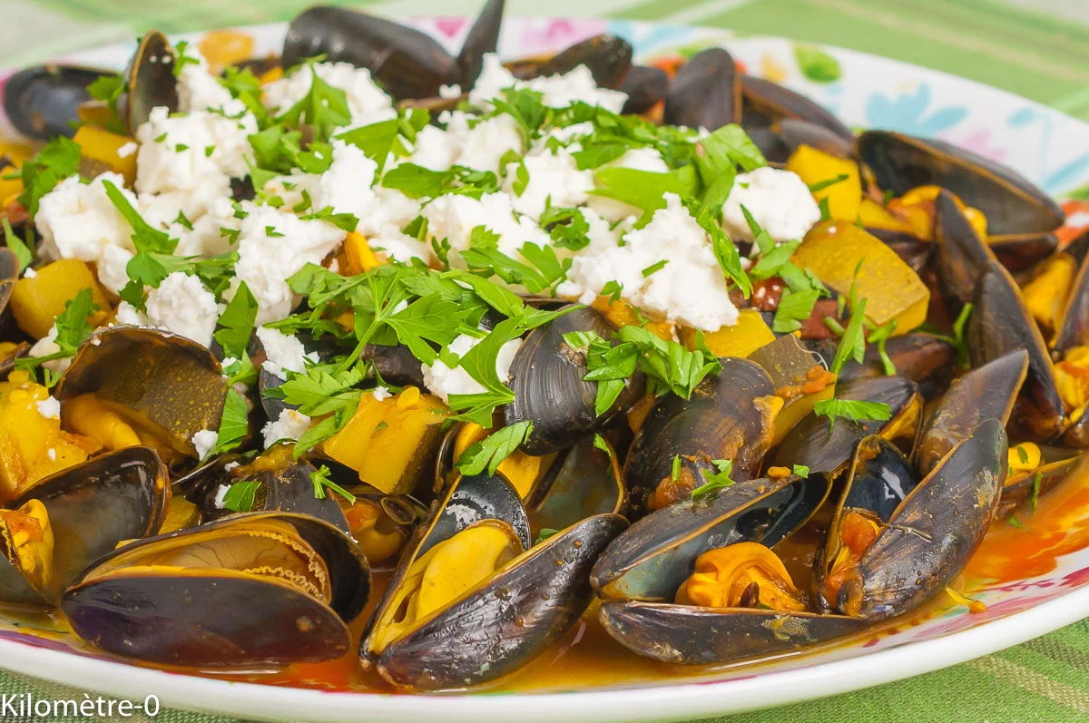 Photo de recette de moules, mollusques, été, automne, courgettes, curry, tomates, légumes, fêta, fromage, facile, léger, rapide Kilomètre-0, blog de cuisine réalisée à partir de produits de saison et issus de circuits courts