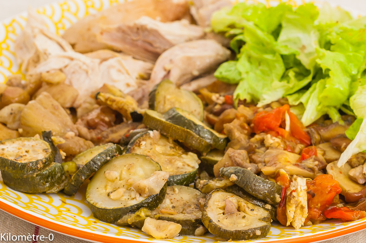 Photo de recette de poulet rôti, courgettes, épices, châtaignes, cèpes,poivrons, Kilomètre-0, blog de cuisine réalisée à partir de produits de saison et issus de circuits courts