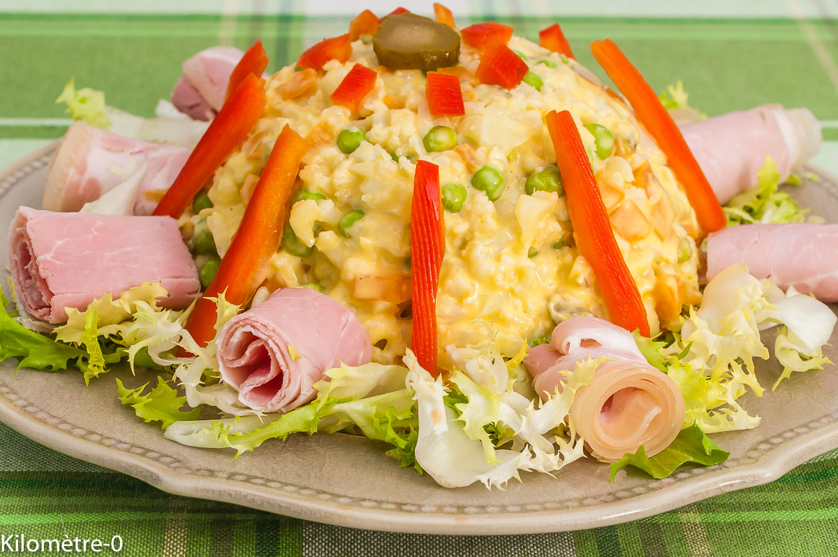 Photo de recette de macédoine, maison, salade russe, chou fleur, carotte, légumes, petits pois, jambon blanc, mayonnaise maison,facile, rapide,bio, Kilomètre-0, blog de cuisine réalisée à partir de produits de saison et issus de circuits courts