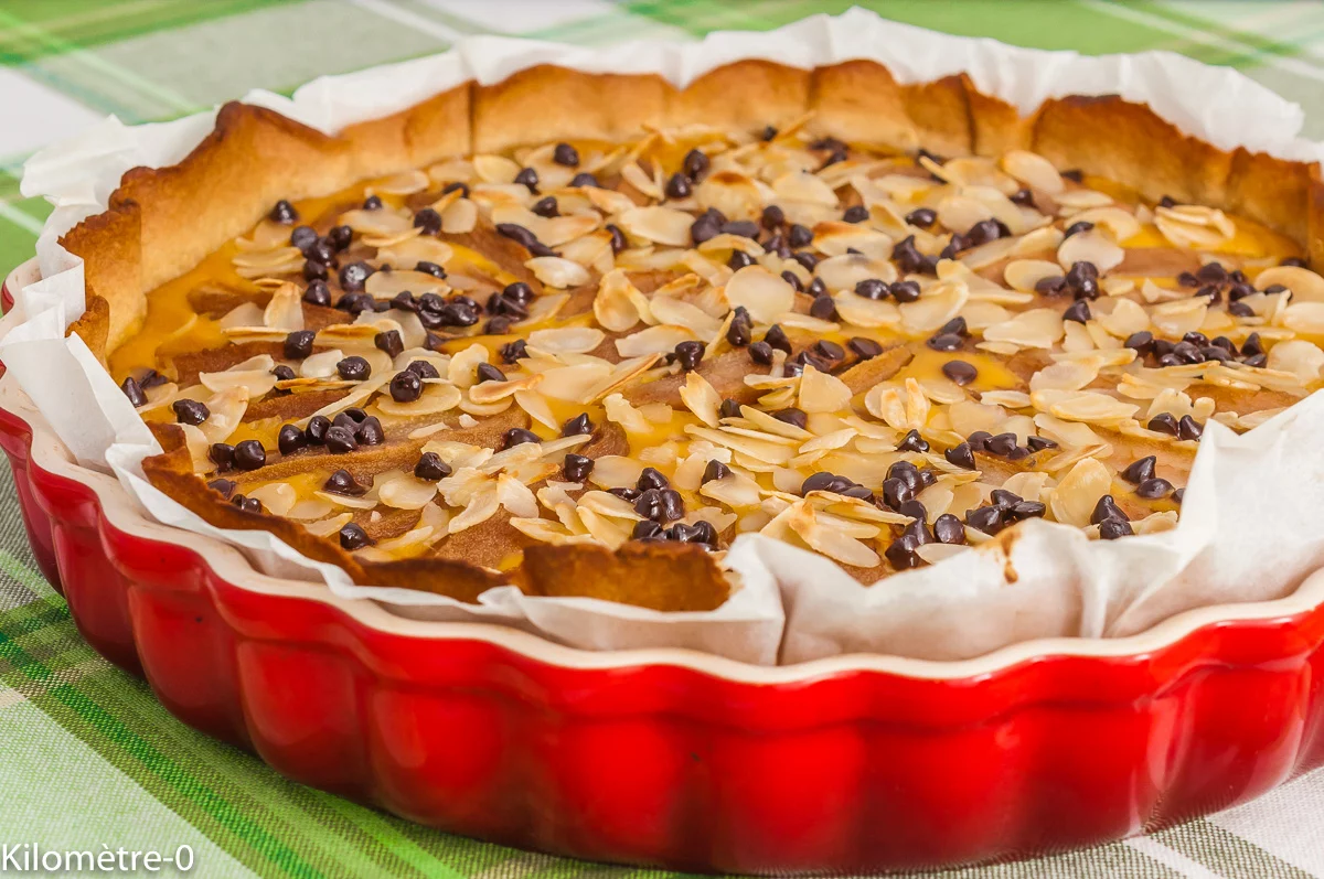 Photo de recette de dessert, tarte fondante, crème, poires, chocolat, automne, hiver, facile, gourmande, fruits, Kilomètre-0, blog de cuisine réalisée à partir de produits de saison et issus de circuits courts