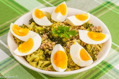 Photo de recette de salade, salade composée, sarrasin, brocolis, œufs durs, végétarien, bio, facile, Kilomètre-0, blog de cuisine réalisée à partir de produits de saison et issus de circuits courts