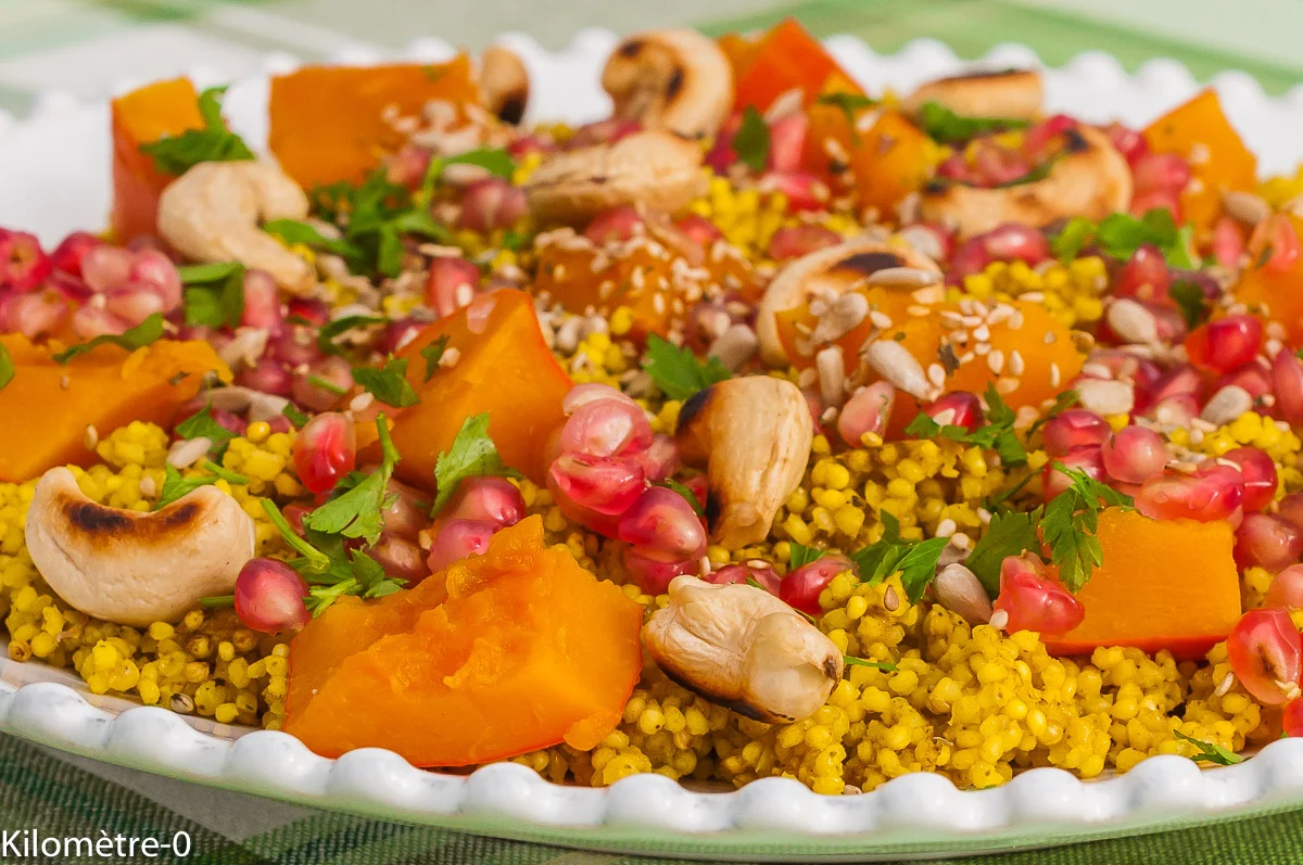 Photo de recette de risotto, pilaf, millet, graines, céréales, Afrique, potimarron, noix de cajou, grenade, bio, végétarien, healthy, Kilomètre-0, blog de cuisine réalisée à partir de produits de saison et issus de circuits courts