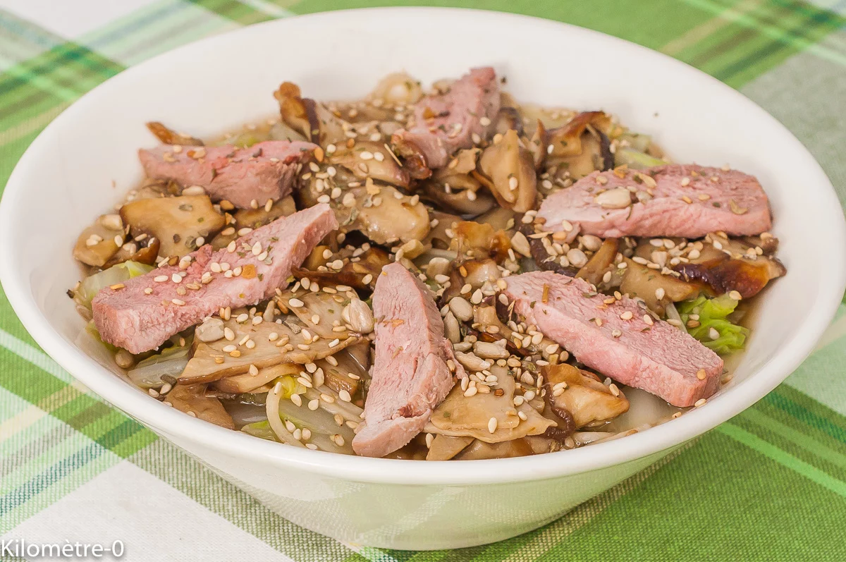 Photo de recette de soupe, potage, automne, hiver, canard, chou chinois, champignons, nouilles chinoises, bio, facile, rapide de Kilomètre-0, blog de cuisine réalisée à partir de produits de saison et issus de circuits courts