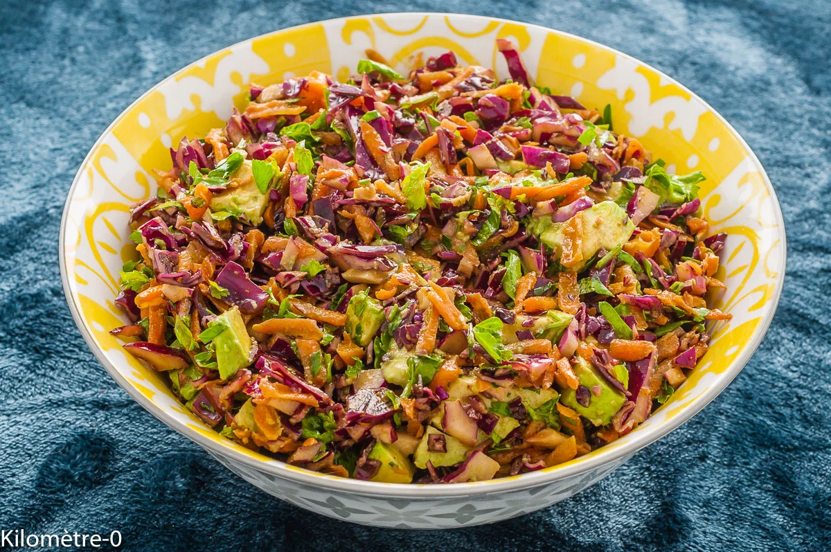 Photo de recette de salade, chou rouge, carottes, avocat, végétarienne, cuisine végé, healthy, légumes, crudités, automne, hiver, facile, rapide, bio, Kilomètre-0, blog de cuisine réalisée à partir de produits de saison et issus de circuits courts