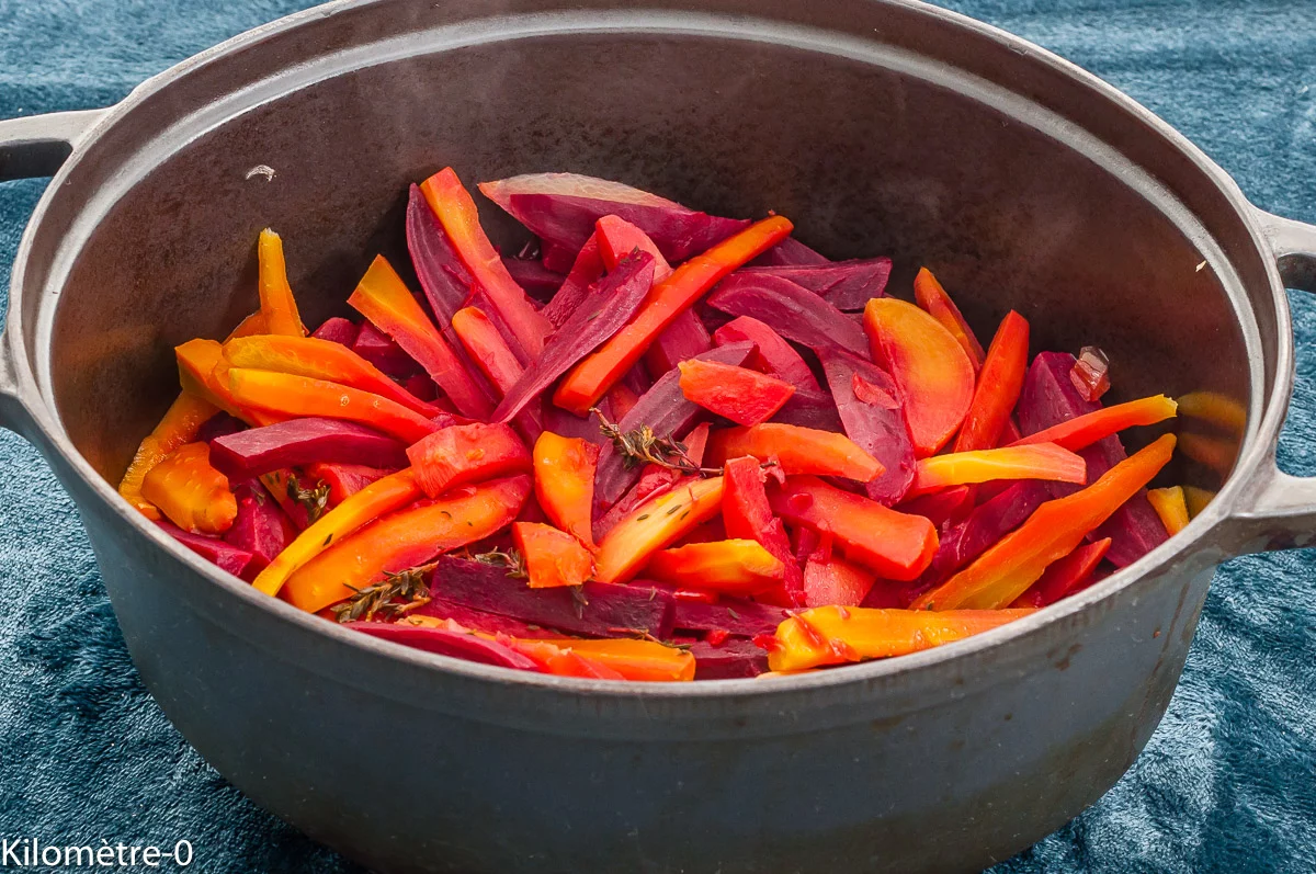 Photo de recette de bourguignon, végétarienne, healthy, légumes, betterave, betterave rouge, carottes, navets, cuisson douce, hiver, printemps, cocotte, bio, Kilomètre-0, blog de cuisine réalisée à partir de produits de saison et issus de circuits courts