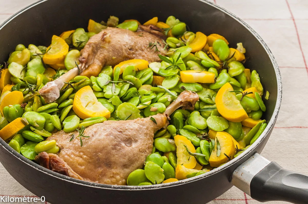 Photo de recette de viande, confit , canard, courgettes, fèves, printemps, légumes, Kilomètre-0, blog de cuisine réalisée à partir de produits de saison et issus de circuits courts