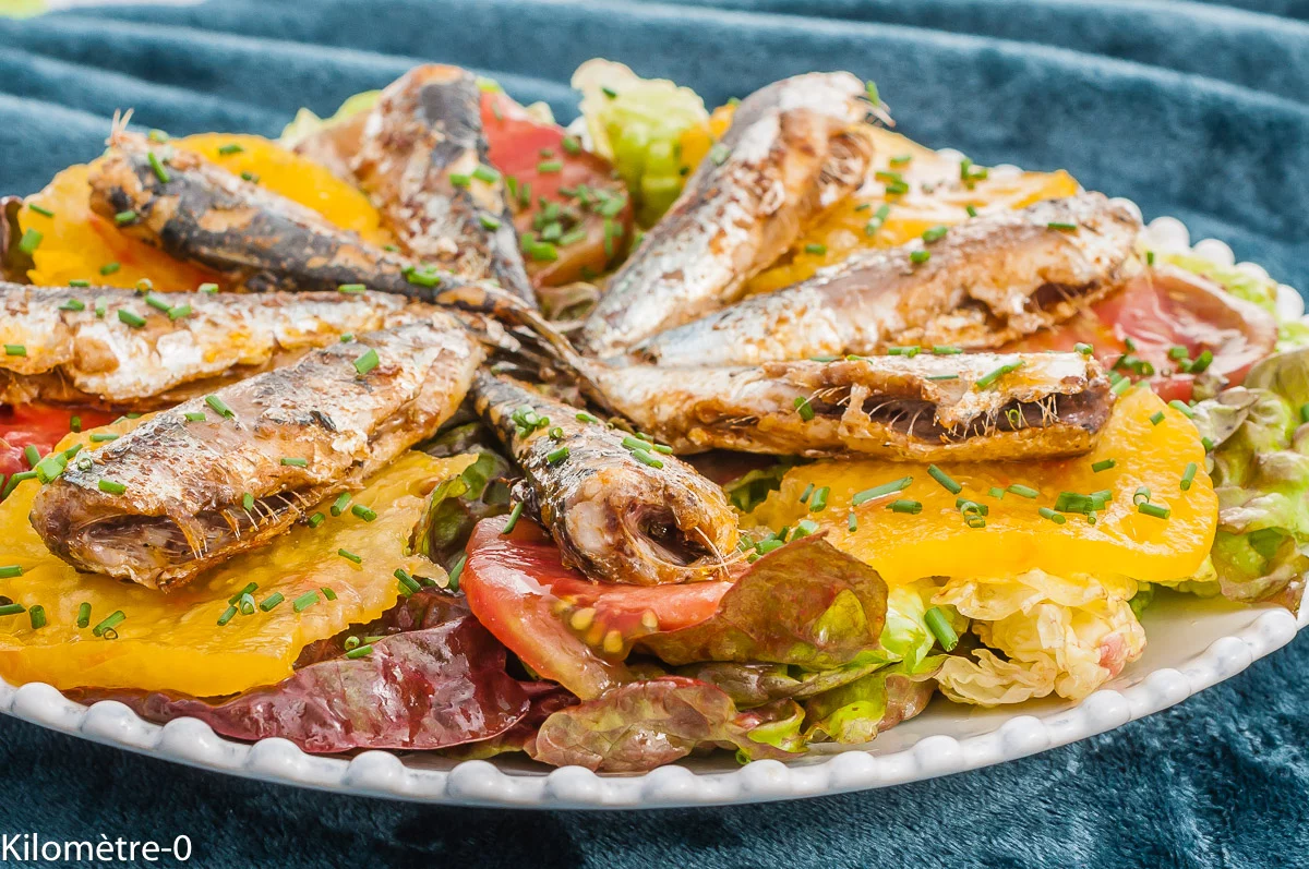 Photo de recette, été, estivale, salade, tomates anciennes, tomates, sardines, poisson bleu, facile, rapide, Kilomètre-0, blog de cuisine réalisée à partir de produits de saison et issus de circuits courts