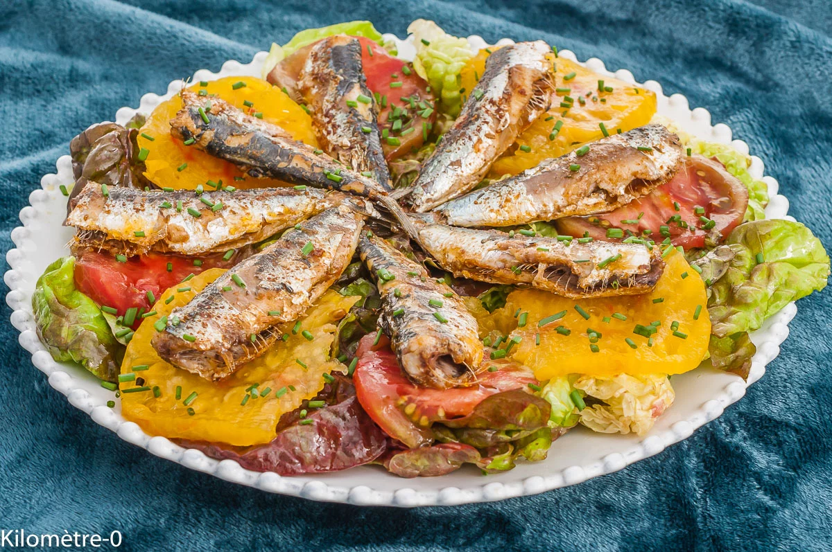 Photo de recette, été, estivale, salade, tomates anciennes, tomates, sardines, poisson bleu, facile, rapide, Kilomètre-0, blog de cuisine réalisée à partir de produits de saison et issus de circuits courts