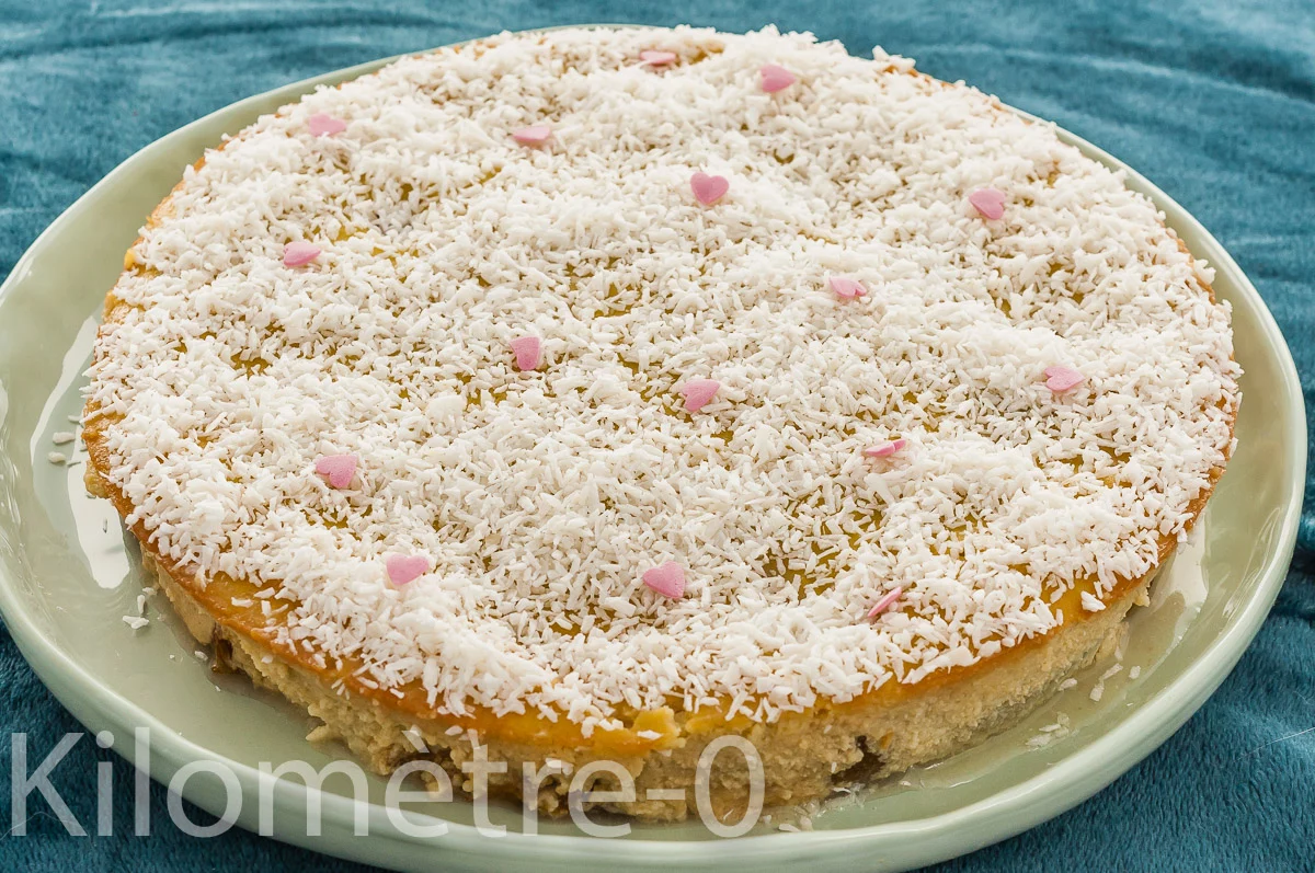 Photo de recette de clafoutis, gâteaux, dessert, prunes, lait de coco, coco, facile, bio, rapide, Kilomètre-0, blog de cuisine réalisée à partir de produits de saison et issus de circuits courts