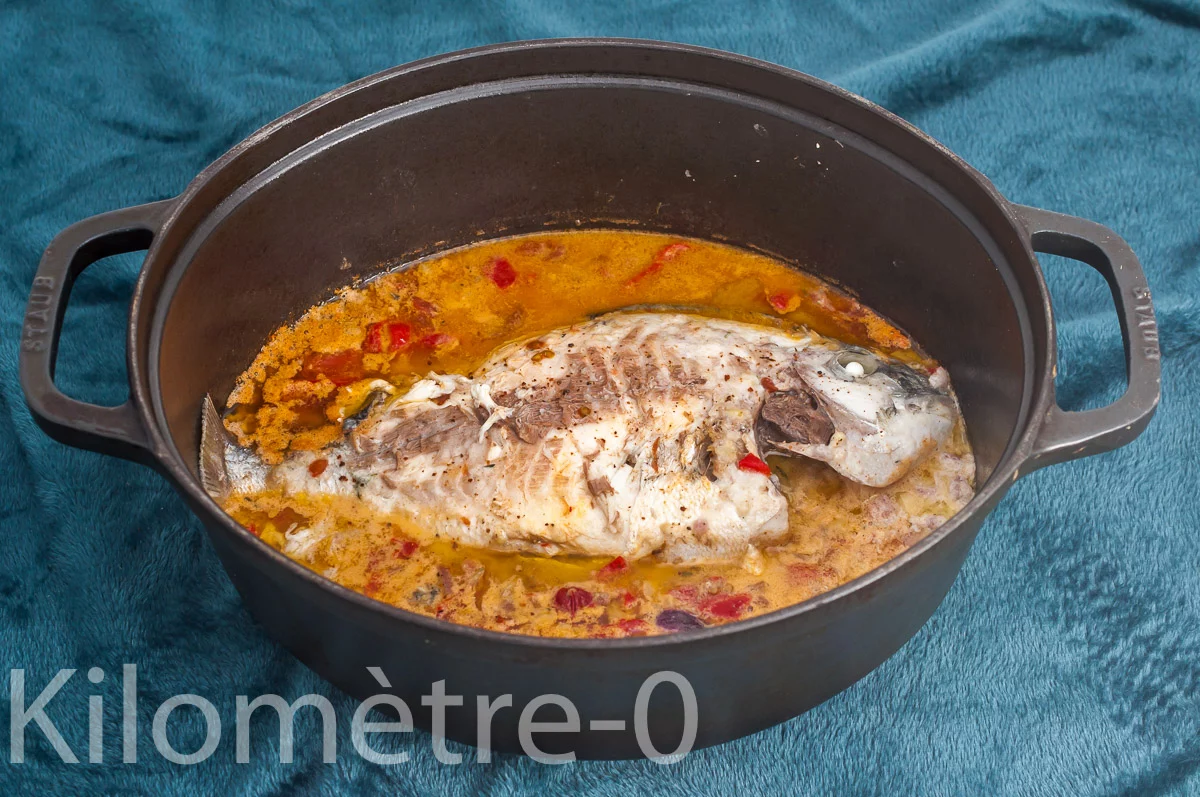 Photo de recette de poisson, créole, cuisine créole, daurade, dorade, lait de coco, légumes, épices, tomates, poivrons, facile, cocotte, Kilomètre-0, blog de cuisine réalisée à partir de produits de saison et issus de circuits courts