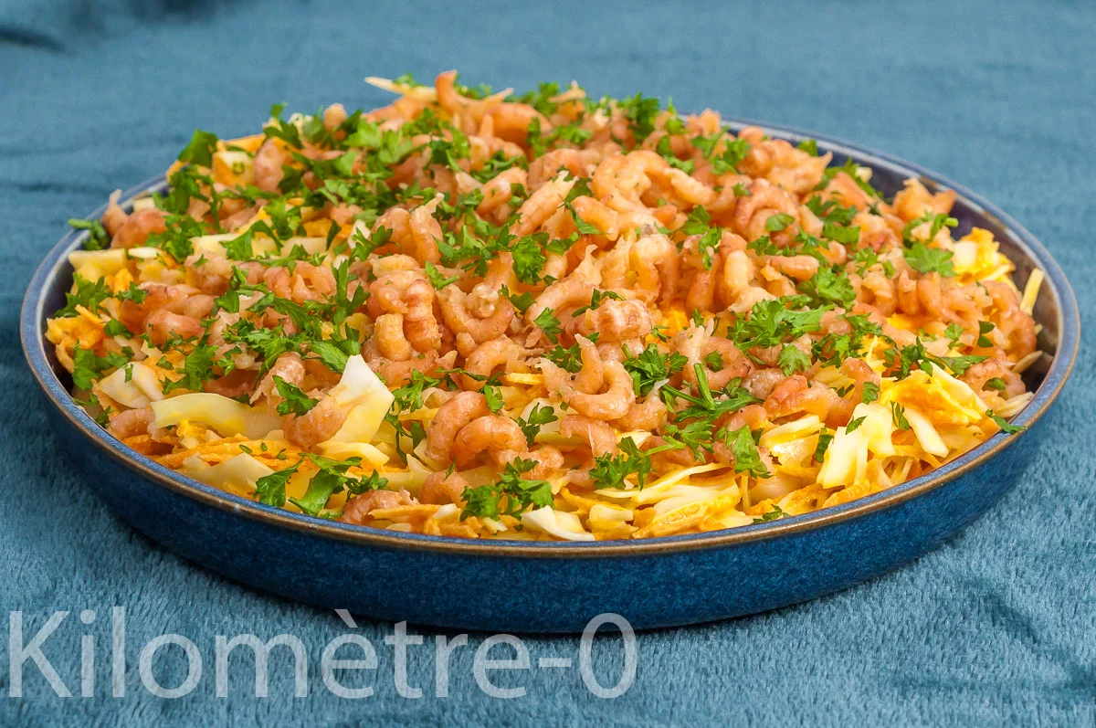 Photo de recette de coleslaw, salade de chou, chou blanc, chou, carottes, mayonnaise, crevettes, crevettes grises, facile, healthy, léger, bio, Kilomètre-0, blog de cuisine réalisée à partir de produits de saison et issus de circuits courts