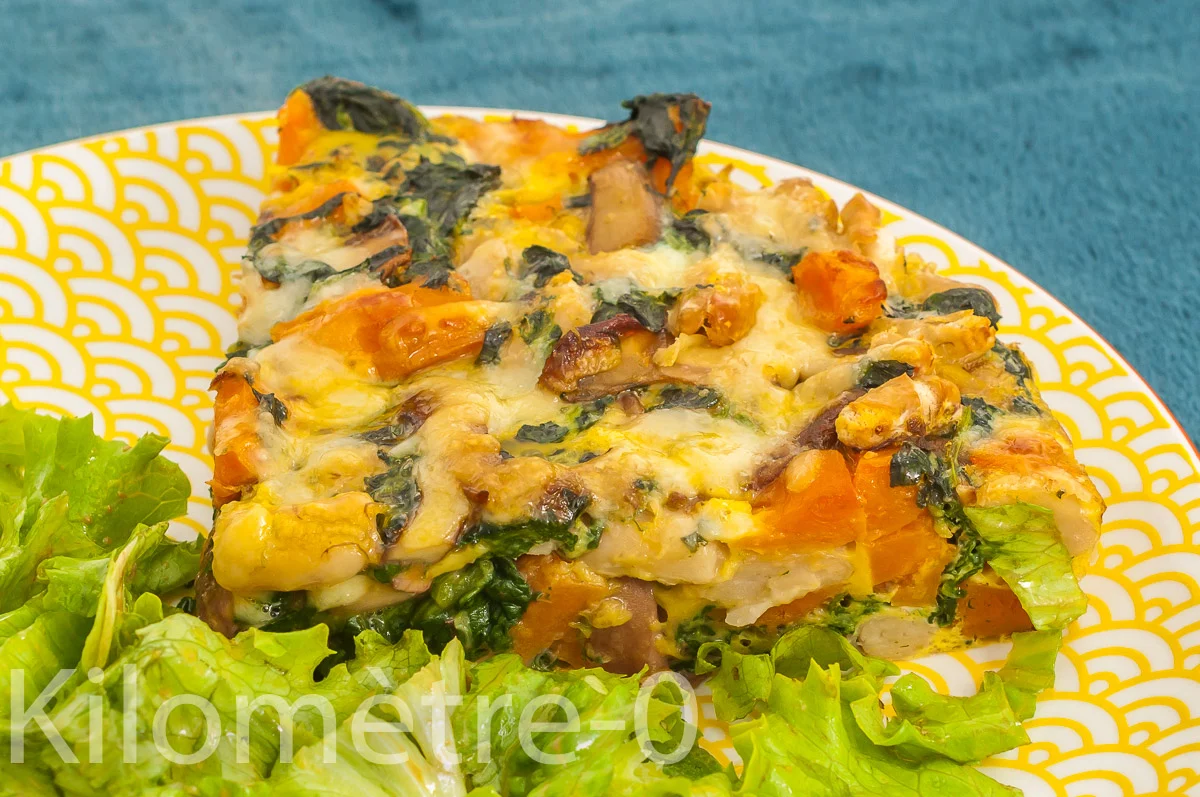 Photo de recette de gâteau, salé, omelette, four, épinards, patate douce, haricots blancs, cèpes, facile, bio, Kilomètre-0, blog de cuisine réalisée à partir de produits de saison et issus de circuits courts
