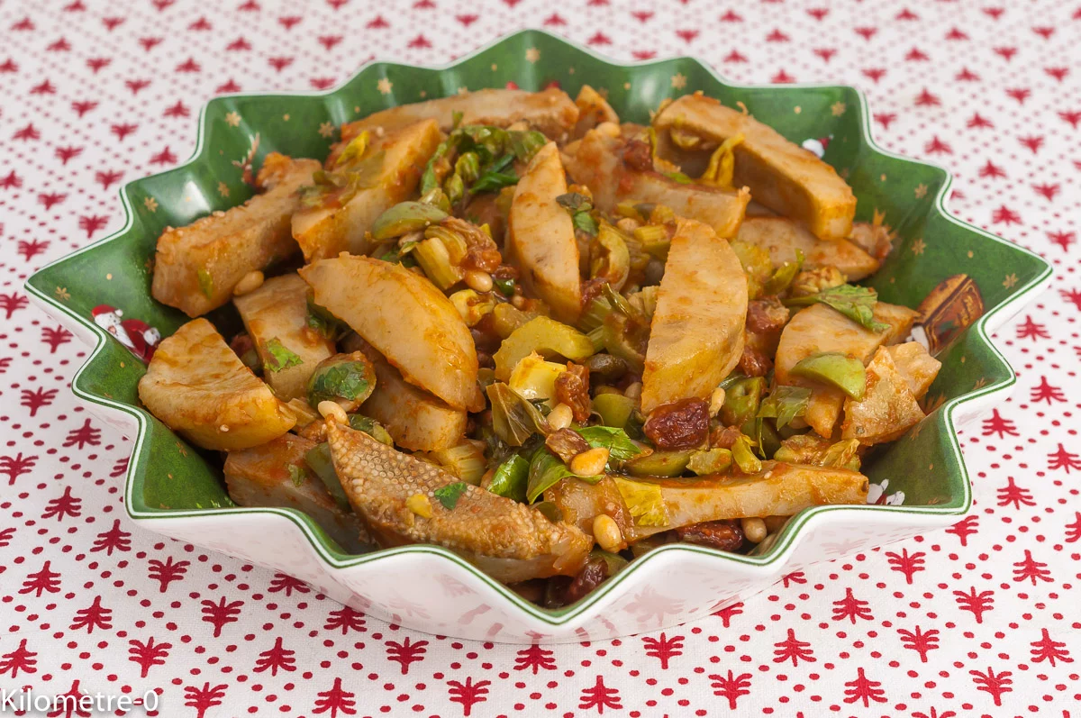Photo de recette de plat de Noël, Sicile, recette sicilienne, plat sicilien, italien, Italie, Noël, caponata, végétarien, léger, légumes, artichauts, céleri, câpres, olives,poêlée, Kilomètre-0, blog de cuisine réalisée à partir de produits de saison et issus de circuits courts