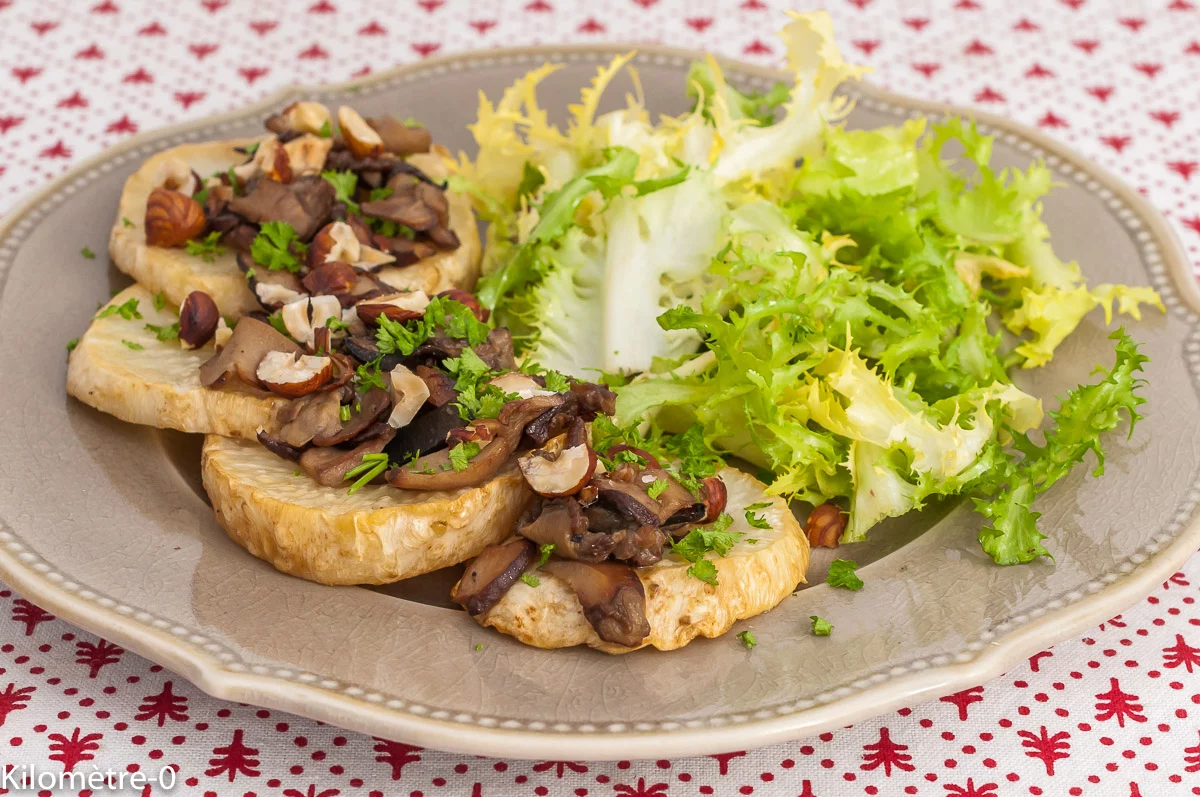 Photo de recette de Kilomètre-0, céleri, automne, hiver, céleri au four, légumes au four, noisettes, champignons, cèpes, végétarien, bio, facile, healthy, santé, blog de cuisine réalisée à partir de produits de saison et issus de circuits courts