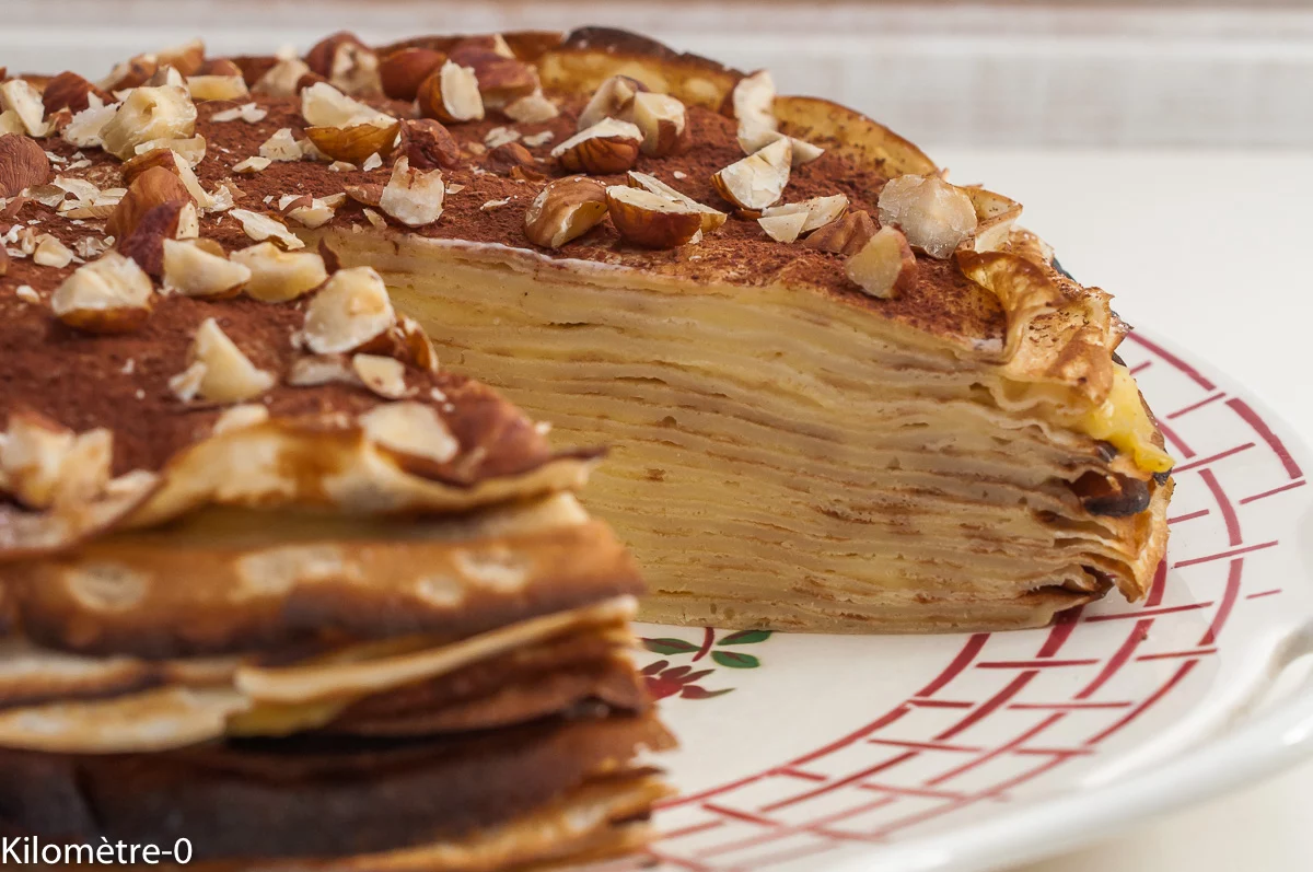 Photo de recette de gâteau, dessert, crêpes, crème pâtissière, chandeleur, février, facile, gâteau de crêpes, Kilomètre-0, blog de cuisine réalisée à partir de produits de saison et issus de circuits courts