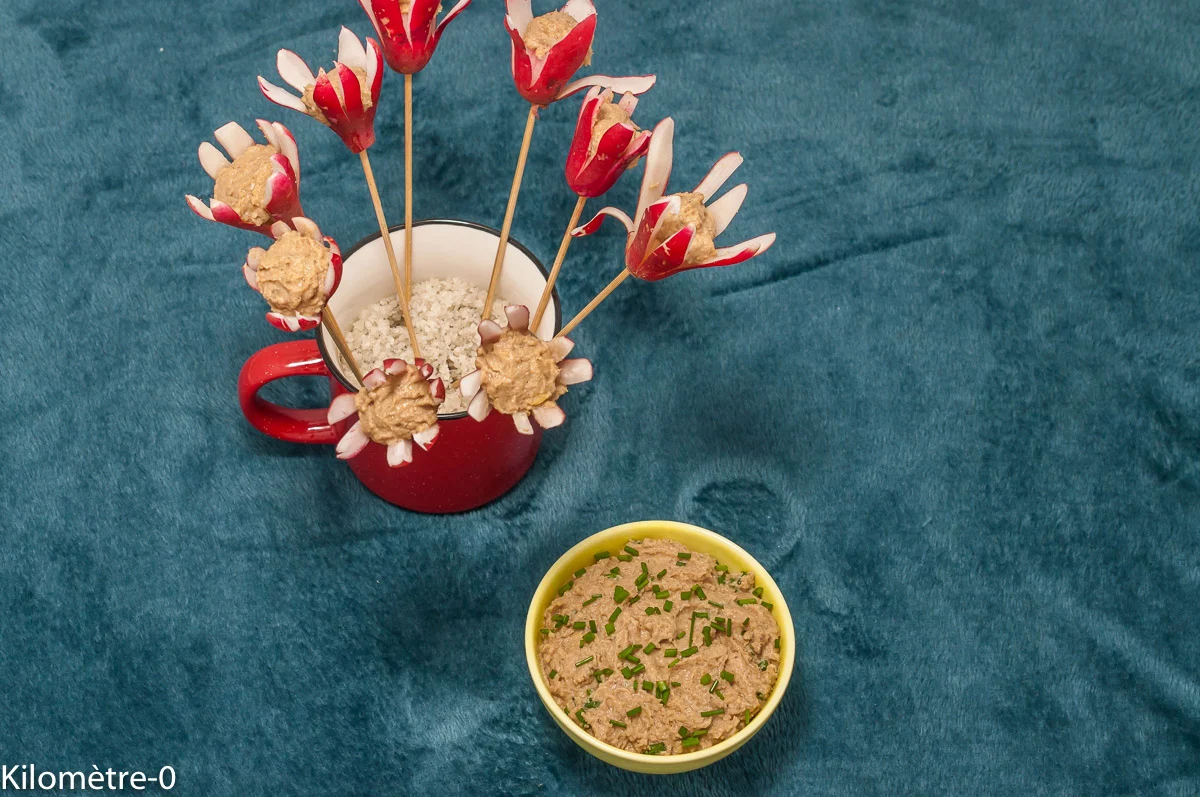 Photo de recette d'apéro, original, fleurs, fleur, radis, radis fleu, mousse, pois chiches, sardines, citron, Kilomètre-0, blog de cuisine réalisée à partir de produits de saison et issus de circuits courts