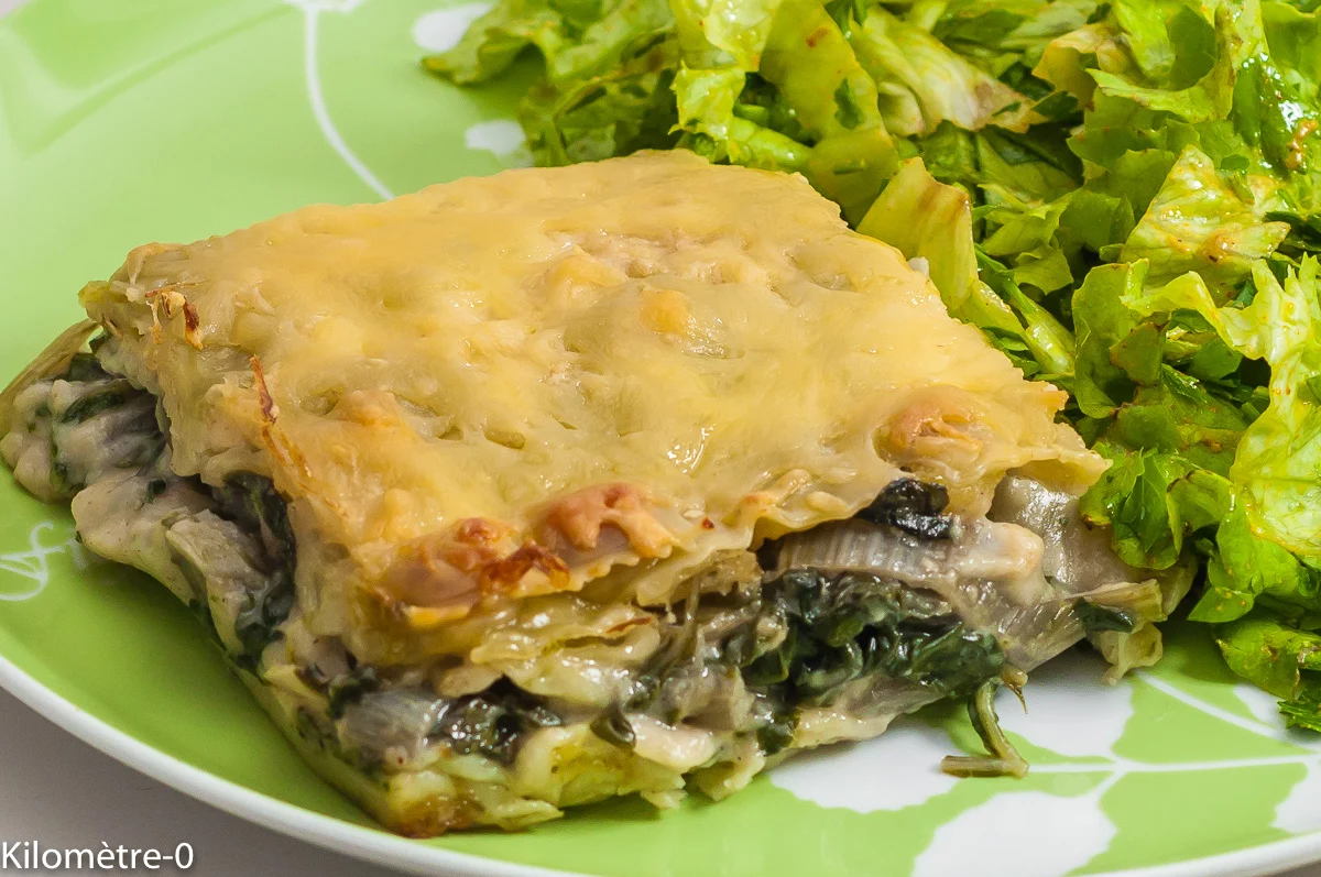 Photo de recette de gratin, pâtes, ravioles, pâtes au fromage, légumes, printemps, automne, blettes, bettes, épinards, fromage, emmental, béchamel, bio, facile, Kilomètre-0, blog de cuisine réalisée à partir de produits de saison et issus de circuits courts
