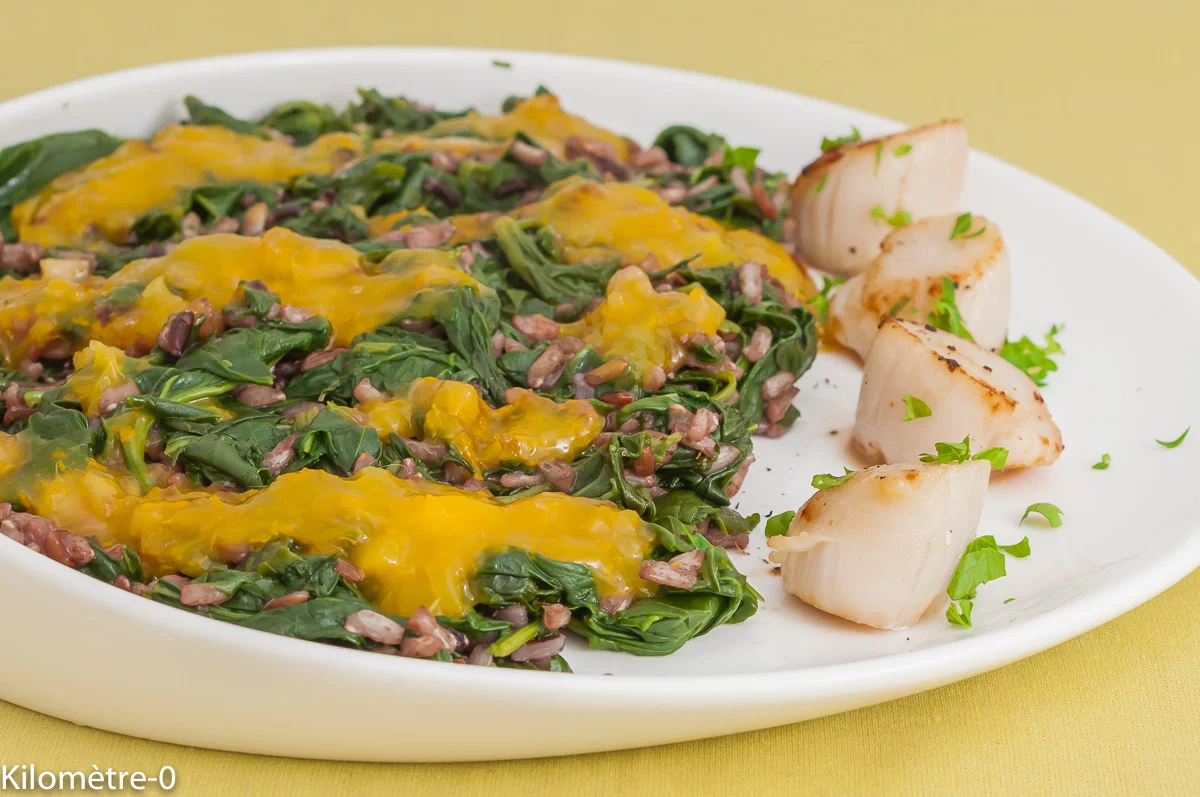 Photo de recette de saint jacques, légumes, épinards, riz, sauce à l'orange, agrumes, sauce, facile, healthy, Kilomètre-0, blog de cuisine réalisée à partir de produits de saison et issus de circuits courts