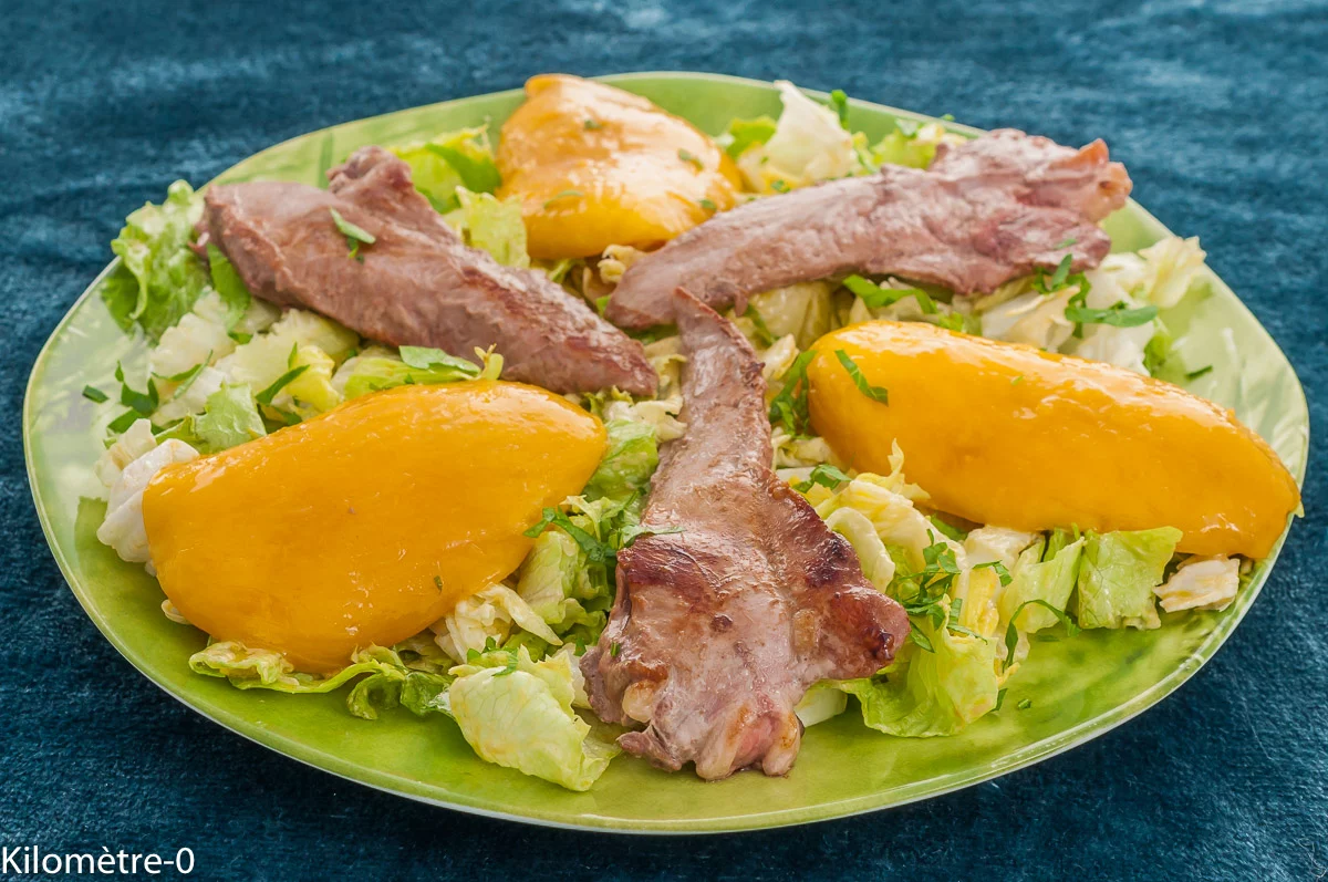 Photo de recette de canard, salade, aiguillettes de canard, magret, filet, canard, fruit, mangue, salade verte, facile, rapide, healthy, légère, Kilomètre-0, blog de cuisine réalisée à partir de produits de saison et issus de circuits courts
