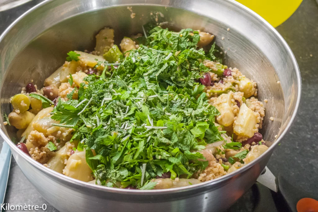 Salade de semoule et haricots rouges aux pointes d&rsquo;asperges et fines herbes - Étape 4