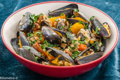 Photo de recette de moules, poelée, riz, potimarron, cèpes, champignons, automne, mollusques, Kilomètre-0, blog de cuisine réalisée à partir de produits de saison et issus de circuits courts