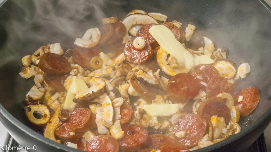 Pâtes au chorizo et champignons (coulemelles) - Étape 4