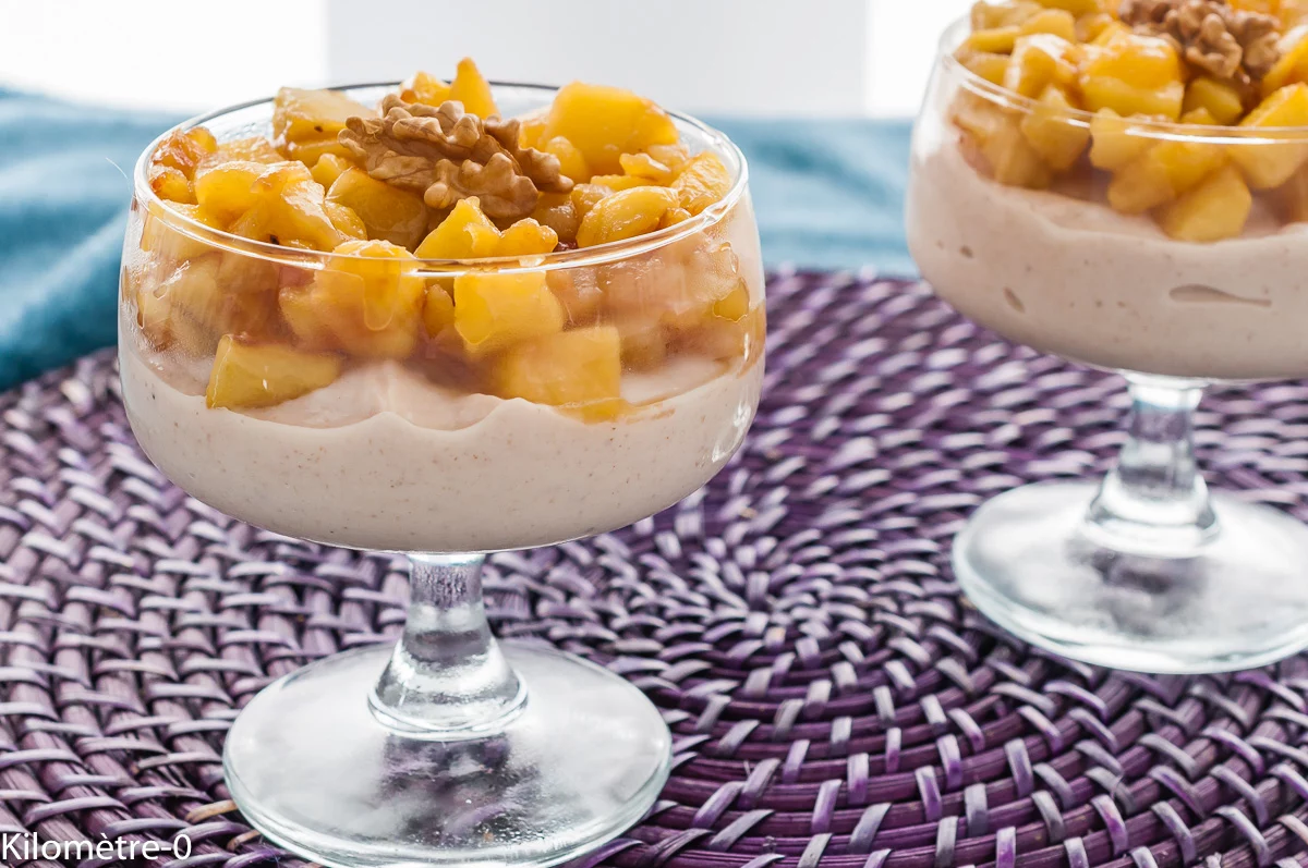 Photo de recette de verrine, coupe, crème, marrons, châtaignes , ricotta, crème, pommes caramélisées, bio, facile, rapide, Kilomètre-0, blog de cuisine réalisée à partir de produits de saison et issus de circuits courts